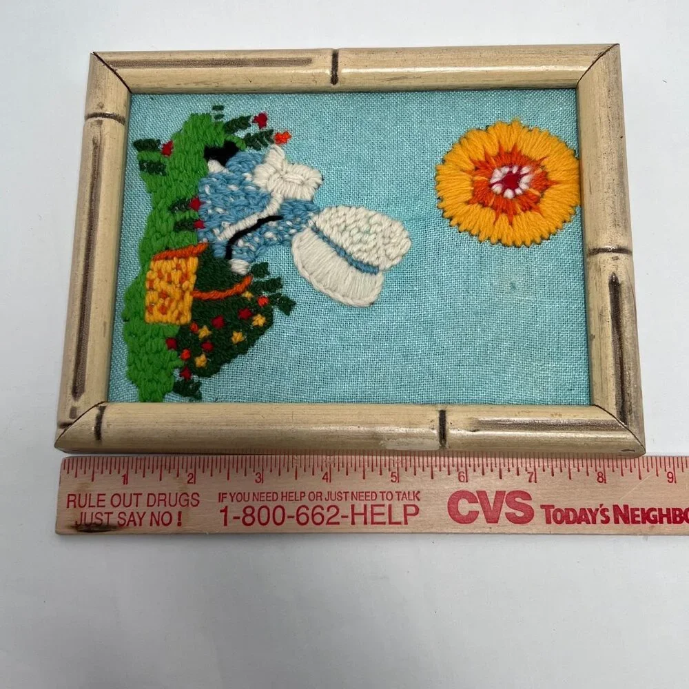 Framed Completed Crewel Holly Hobbie 1970's Girl with‎ Basket in Garden Sunshine